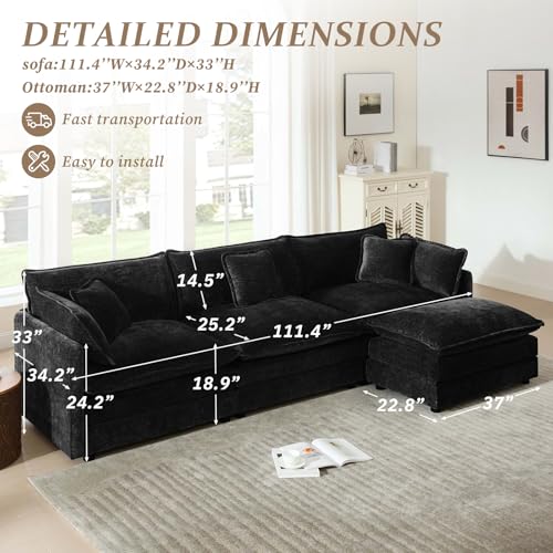 103.8" Chenille L Shaped Modular Sofa with Ottoman,Black | Randomly Assemble Modular Sofa Sets, Modern Recliner Deep Seat Sofa Set for Living Room,Office - color: Black, size: 3S+1O