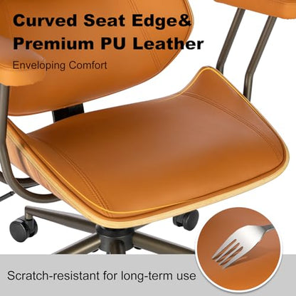 Mid Century Walnut Bentwood PU Leather Office Chair with Arms, Brown | Curved walnut bentwood back & seat; removable armrests; PU leather upholstery; swivel & rolling; for home office & study - color: Brown, size: 2-Section Back / No Headrest