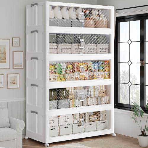 200GAL Plastic Storage Bins with Lid, 800QT Extra Large Stackable Closet Organizers and Storage, Collapsible Storage Boxes with Wheels, Folding Cabinet for Home Kitchen Office, 5Pack White - color: White, size: 40Gal-5Pack