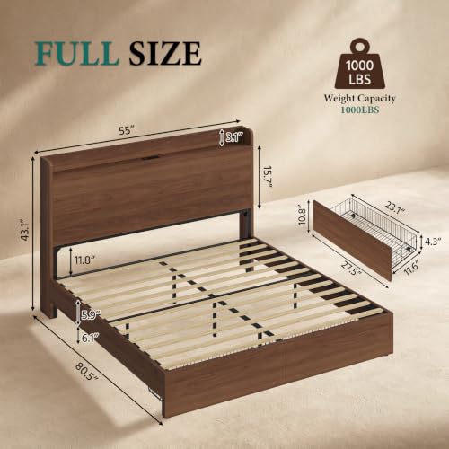 Full Size Bed Frame with Storage Headboard & 2 Drawers, Mid-Century Modern Platform Bed with Charging Station & Shelf, Wooden Slat Support, No Box Spring Needed(Full) - size: Full