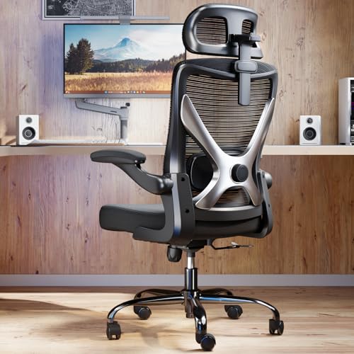 Ergonomic Office Chair: Mesh Desk Chair Comfy with Headrest& Lumbar Support | Ergalithic Big and Tall Office Chairs with Wheels & Flip-Up Arms-Computer Gaming Chairs for Adults Home Office Chairs(Black) - color: Black, size: Pack of 1
