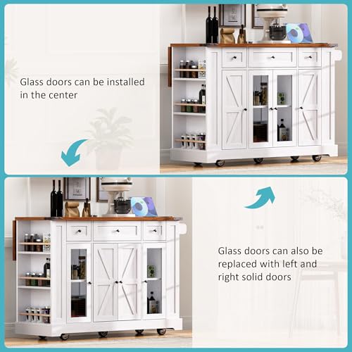 53'' Farmhouse Kitchen Island with Drop Leaf, Power Outlet,Tempered Glass Cabinet Doors,Rolling Kitchen Cart on Wheels for Dining Room or Living Room (White/P) - color: White/P)