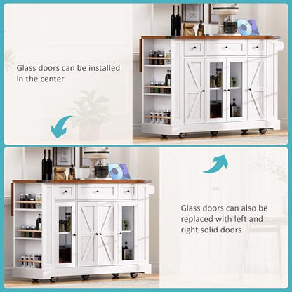 53'' Farmhouse Kitchen Island with Drop Leaf, Power Outlet,Tempered Glass Cabinet Doors,Rolling Kitchen Cart on Wheels for Dining Room or Living Room (White/P) - color: White/P)