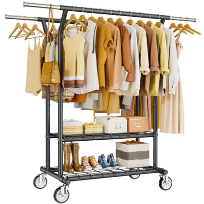 HYSEYY Heavy Duty Clothes Rack, Rolling Clothing Rack With Shelves Load 620 LBS, Double Rod Clothing Racks for Hanging Clothes, Portable& Adjustable Clothes Rack with Wheels,Black - color: Black