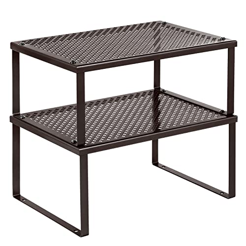 SONGMICS Set of 2 Metal Spice Racks, Stackable Expandable Shelf Risers | Steel Cabinet Shelf Organizers, Countertop Organizers, Rustic Walnut BEQUE Collection UKCS01BR