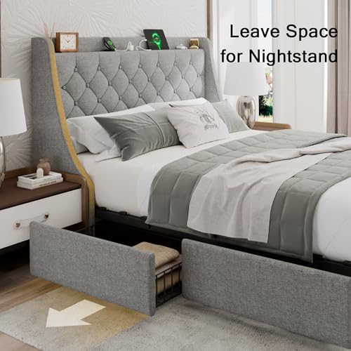 Einhomn Queen Bed Frame with 4 Storage Drawers, Upholstered Bed Frame with Large Wingback Headboard, Charging Station, No Box Spring Needed, Light Grey - color: Light Gray, size: Queen