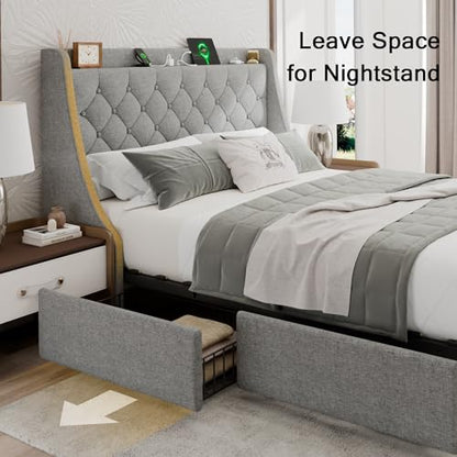 Einhomn Queen Bed Frame with 4 Storage Drawers, Upholstered Bed Frame with Large Wingback Headboard, Charging Station, No Box Spring Needed, Light Grey - color: Light Gray, size: Queen