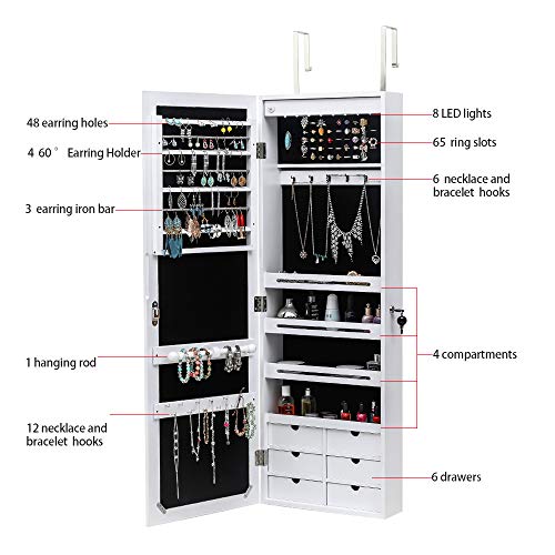42.5" Wood Jewelry Mirror Cabinet,Wall or Door Mounted Jewelry Storage Cabinet,Space-Saving Large Jewelry Armoire Organizer,with Lock & LED Lights,for Living Room, Bedroom, Cloakroom (White) - size: 36.5x12.3x108cm