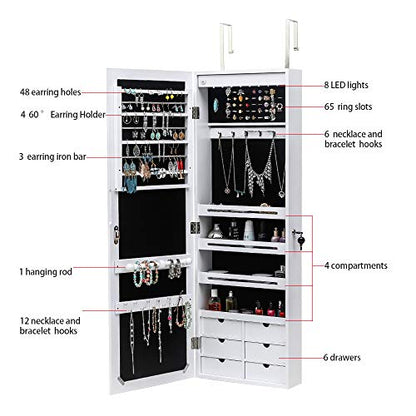 42.5" Wood Jewelry Mirror Cabinet,Wall or Door Mounted Jewelry Storage Cabinet,Space-Saving Large Jewelry Armoire Organizer,with Lock & LED Lights,for Living Room, Bedroom, Cloakroom (White) - size: 36.5x12.3x108cm