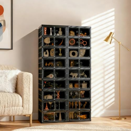 Foldable Shoe Organizer Storage Box, Portable Extra Large Folding Shoe Rack for Closet, Shoe Storage Box with Magnetic Transparent Door and Wheels, 9 Layers 18 Grids - size: Black 9 Layers-A