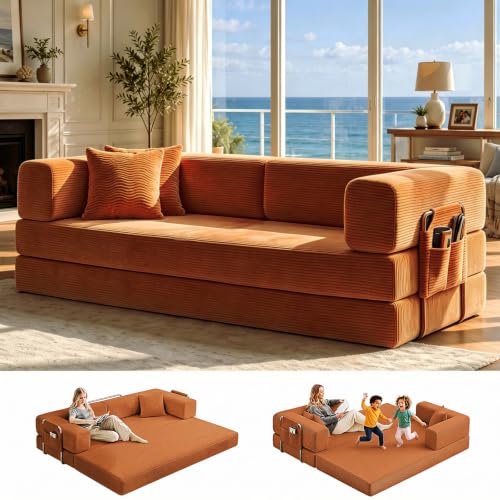 GEARIVY Folding Sofa Bed Convertable Corduroy Couch King Size Floor Sleeper 4-in-1 DIY Combination Modular Sofa Fold Out Futon Lounge Comfy Foldable Lazy cama for Living Room - color: Orange, size: 80.3 inch sofa