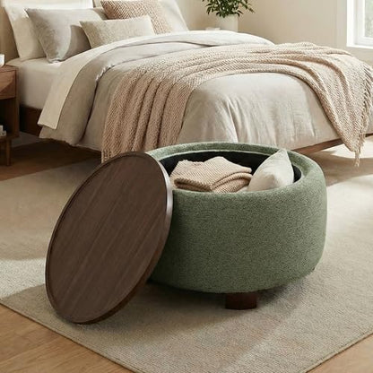 VKNOW 30" Round Storage Ottoman, Ottoman Coffee Table with Removable Wood Top and Solid Wood Legs for Living Room, Bedroom, Apartments(Green) - color: Green