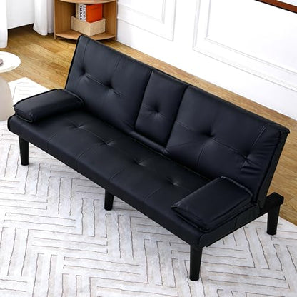 67" Futon Sofa Bed, Convertible Leather Futon Couch (Black) | Sleeper Bed Couches with Adjustable Backrest, Cup Holders, Comfy Folding Loveseat Couch for Small Spaces Living Room Office - color: Black