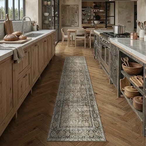 Brown Runner Rug 2.6x10 Vintage Traditional Distressed | Washable, Non Slip, Soft Low Pile, Extra Long Hallway Carpet for Kitchen, Entryway, Laundry Room, Farmhouse Decor - color: Accent Brown, size: 2'6" x 10' (Runner)