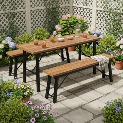 Tangkula 59" Narrow Outdoor Dining Table for 4-6, No Assembly Foldable Patio Dining Table with Acacia Wood Top & Heavy Duty Metal Frame, Portable Table for Yard, Garden, Poolside or Indoor (Natural)