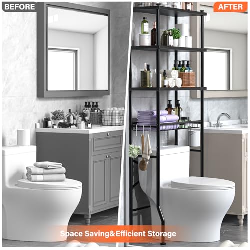 4-Tier Over-The-Toilet Storage Rack, Bathroom Organizer Shelf Over Toilet With Shelf Waterproof Feet Pad And Basket, Multifunctional Space Saver Bathroom Shelves Above Toilet for Room (Black) - color: Black