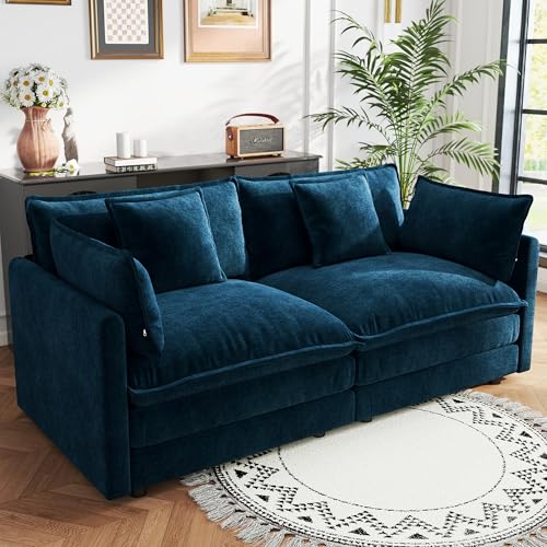 76.7 Inch Modular Sectional Cloud Sofa, 2-Seat Chenille Blue | Chenille Deep Seat Sofa with Pillow for Living Room, Bedroom and Apartment - color: Blue, size: 76.7 inch-Straight