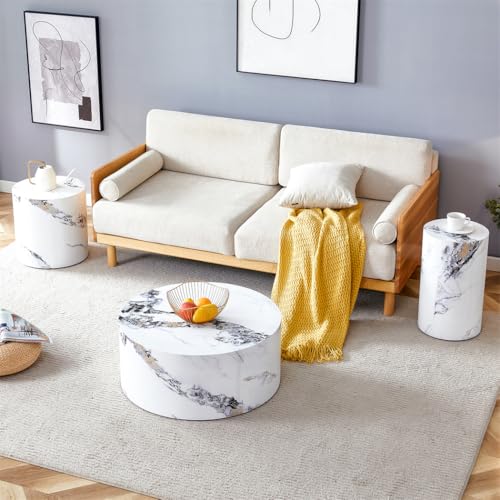 Round Coffee Tables Set for 3, Living Room Table and End Tables, White Faux Marble Coffee Table and Side Table, Center Tables Set, No Assembly Required - Ready to Use - color: 24'' Marble White, size: 24'' Coffee Table Set of 3
