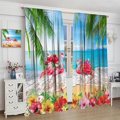 Summer Flamingo Curtain, Ocean Beach Tropical Palm Leaf Window Drapery Treatments for Bedroom Living Room Kitchen Bathroom 42" W X 45" L(No Blackout) - color: Flamingo-6, size: 20.5"W x 45"L (Pack of 2)
