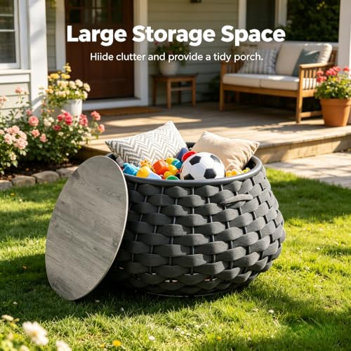 YDcosyfy Large Round Outdoor Side Table, 28 Inches Patio End Table with Removable Wood Top, Outside Coffee Table, All-Weather Metal Frame, Hollow Out Bottom Storage, for Balcony, Porch, Garden, Gray