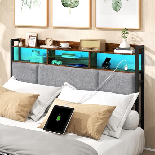 Upholstered Queen Size Headboard with Charging Station & LED Light | Head Board with Storage Shelves for Bed, Queen Headboard Only, Height Adjustable, Sturdy & Stable, Brown - size: Queen