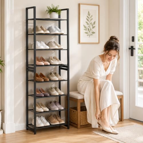 Stackable Shoe Rack, 8-Tier Metal Organizer Holds up to 16 Pairs, Tall Narrow Shoe Storage for Small Space Closet Hallway, Black - size: 8 Tier