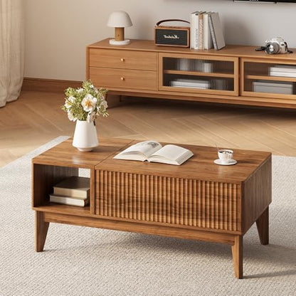 Fluted Coffee Table with Storage, Oval Lift Top Modern Rectangle Table for Living Room