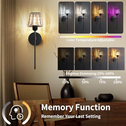 Battery Operated Crystal Wall Sconce Set of 2, Black Rechargeable Wireless Wall Sconces with Remote Dimmable 12 Colors Modes Led Wall Lights, Wall Lamp for Bedroom Living Room Hallway 2 Bulbs Included - color: Black