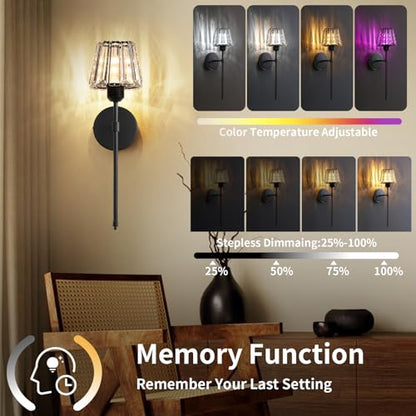 Battery Operated Crystal Wall Sconce Set of 2, Black Rechargeable Wireless Wall Sconces with Remote Dimmable 12 Colors Modes Led Wall Lights, Wall Lamp for Bedroom Living Room Hallway 2 Bulbs Included - color: Black