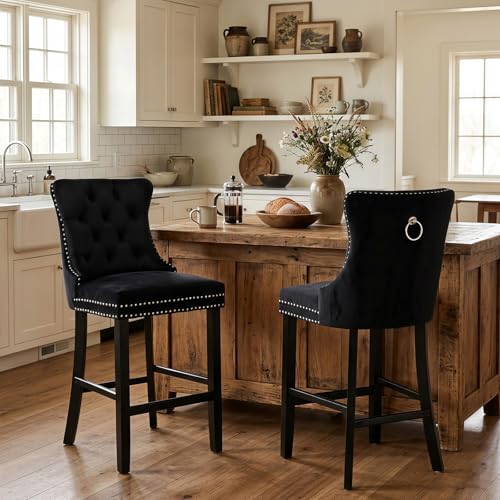 Modern Velvet Upholstered Bar Stools Set of 2 with Wood Legs, Button Tufted,Chrome Nailhead, Counterstool Seat, Armless Bar Chairs (Black) - color: Black, size: Set of 2