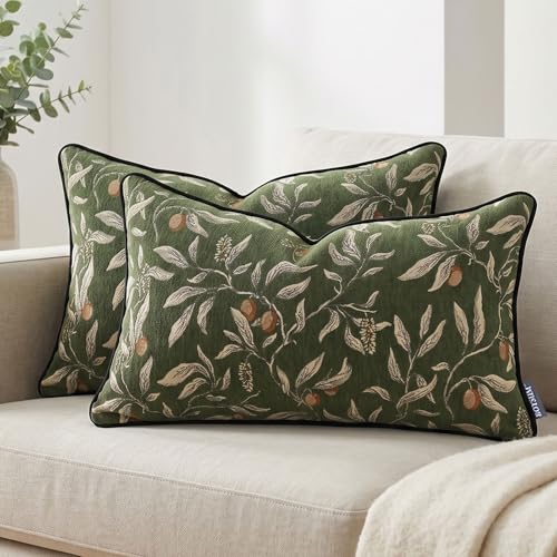 Green Floral Pillow Covers 12x20 Inch Set of 2, Cotton Vintage Plant Throw Pillows Decorative Covers Lumbar Farmhouse Accent Neutral Covers for Couch Sofa Bed Living Room - color: Green, size: 20" x 12" (Pack of 2)