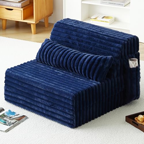 Folding Sofa Bed Convertible Sleeper Chair Mattress with Pillow & Side Pocket, Thick Corduroy Floor Mattress Couch Bed, Single Size, Navy - color: Corduroy Navy, size: Single Size
