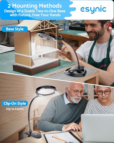 eSynic Desk Table Magnifying Glass with 15 LED Lights-800mAh Rechargeable | 5X & 10X Acrylic Lens-15 LEDs-3-Level Dimmable-Flexible Gooseneck-Clamp & Base Stand – for Reading/Soldering/Crafts/Elderly