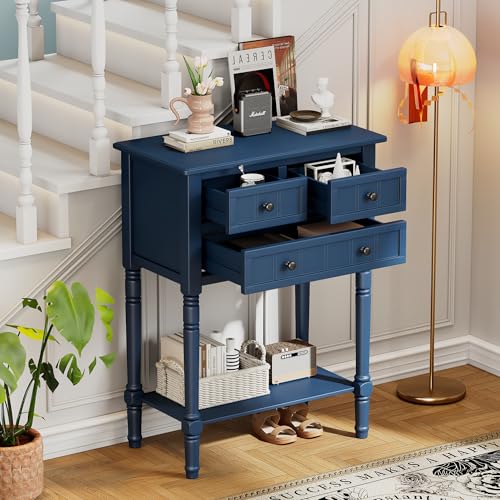 Knocbel Narrow Console Table with 3 Storage Drawers and Bottom Shelf, Entryway Hallway Foyer Slim Sofa Table for Small Spaces, Easy Assembly (Navy Blue) - color: Navy Blue