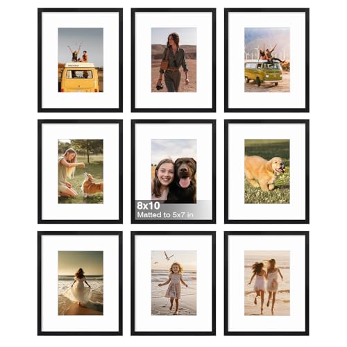 8x10 Picture Frame Set of 9, 10x8 Photo Frames with Plexiglass for 5x7 Pictures with Mat or 8x10 Without Mat, Art Collage for Wall Gallery and Tabletop Display, 8 x 10 Frame Black - color: Black, size: 8x10