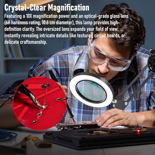 10X Magnifying Lamp with Light, HD Optical Glass Lens LED Desk Lamp, 3 Color Temperatures 6000K-3000K, 360° Adjustable Arm with Clamp & Stand, for Model Building, Soldering, Crafts, Reading, Manicure