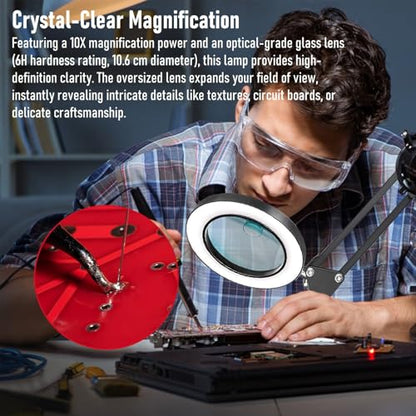 10X Magnifying Lamp with Light, HD Optical Glass Lens LED Desk Lamp, 3 Color Temperatures 6000K-3000K, 360° Adjustable Arm with Clamp & Stand, for Model Building, Soldering, Crafts, Reading, Manicure
