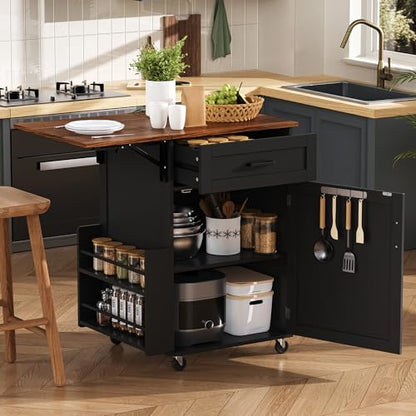 39.3" Farmhouse Kitchen Island with Drop Leaf and Open Side Rack, Small Kitchen Rolling Cart with Drawer and Storage Cabinet, Mobile Dining Table with Lockable Wheels and Towel Rack for Garden Black - color: Black