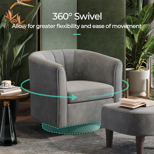 LINSY Large Swivel Accent Chair with Ottoman, Velvet Barrel Chair with Footrest, Modern Upholstered Comfy Reading Chair Armchair for Living Room, Bedroom, Study Room, Office, Grey - color: Grey, size: Large