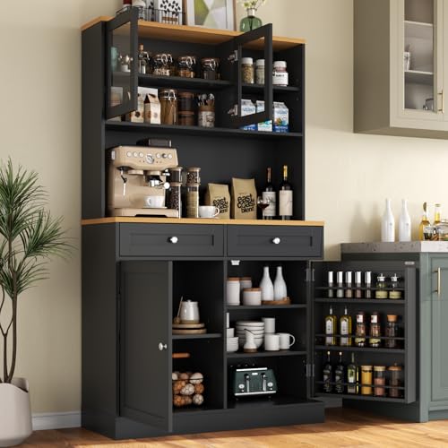 Tall Kitchen Pantry Cabinet, Modern Kitchen Hutch with Microwave Stand | Pantry Storage Cabinet with 2 Darwers & Door Shelf, Food Pantry with Glass Doors & Adjustable Shelves for Dining Room, Black - color: Black-glass Doors