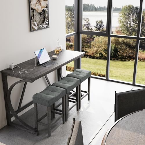 allamazing 4-Piece Counter High Bar Table Set with Socket and 3 Fabric Padded Bar Stools, Tall Kitchen Breakfast Nook with Stool, Black - color: 1+3 Black