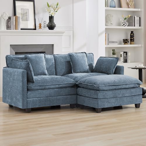 76'' Cloud Deep Seat Loveseat Sofa, Upholstered Chenille Modular 2-Seats Sectional Sofa Couch with Movable Ottoman, Modern Comfy Settee Loveseat for Living Room Set, Small Apartment, Blue - color: Blue, size: 76'' L Shape