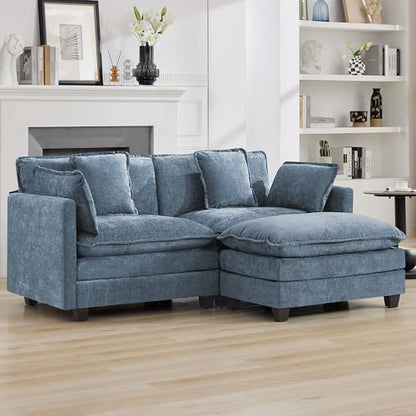 76'' Cloud Deep Seat Loveseat Sofa, Upholstered Chenille Modular 2-Seats Sectional Sofa Couch with Movable Ottoman, Modern Comfy Settee Loveseat for Living Room Set, Small Apartment, Blue - color: Blue, size: 76'' L Shape