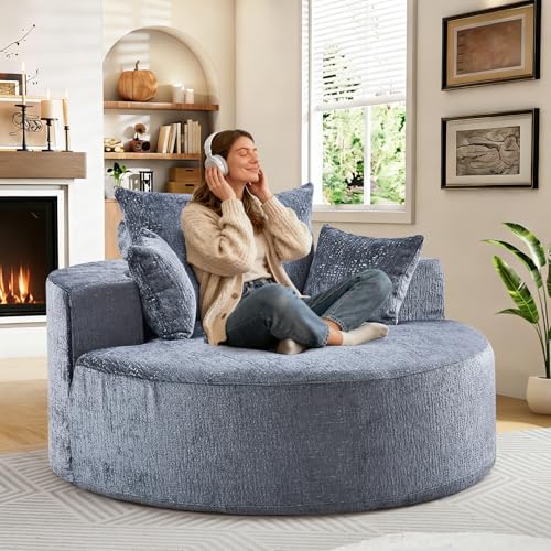 55" Oversized Round Chaise Longue Chair Indoor, Upholstered Chenille Circle Single Cloud Reading Sofa Chair Deep Seat Modern Boneless Sleeper Couch No Assembly Required, Grey - color: Grey, style: 55"Chenille