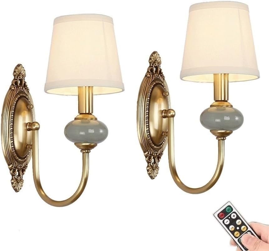 Wireless Battery Operated Wall Sconces Lights Set of 2, Rechargeable Antique Brass Wall Light Sconce with Bulbs & Remotes, No Wires Dimmable Green Ceramic Wall Lamps for Living Room Bedroom Hallway