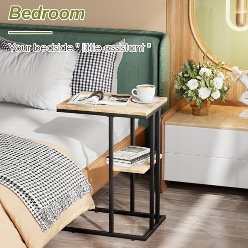 C Shaped End Table, Small Side Table for Couch and Bed, Wood Snack Table with Metal Frame for TV Tray, Sofa, Living Room, Bedroom, Bedside (Oak) - color: Oak Brown+black