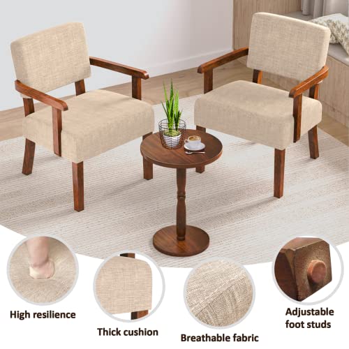 Accent Chairs Set of 2, 2 Solid Wood Armchairs with Side Table | Living Room Chairs with Soft Thicken Cushion, Comfy Reading Chair for Bedroom, Waiting Room, Home Office, Easy Assembly - color: Linen Beige, size: Set of 2 with table