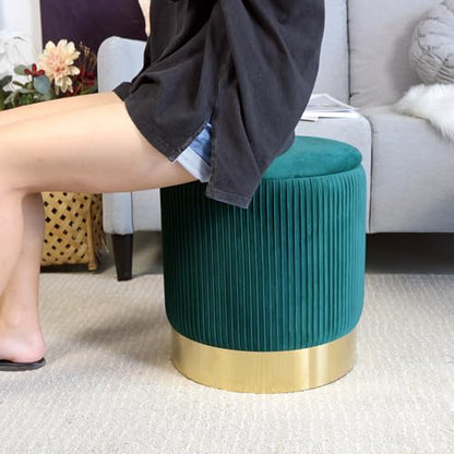 YYW HOME Round Ottoman with Storage Set of 2 Green Velvet Vanity Stool | Removable Lid, Gold and Green Ottoman,Hidden Storage Stool, Small Coffee Table for Living Room,Nest Packing, Assembly Free - color: Green
