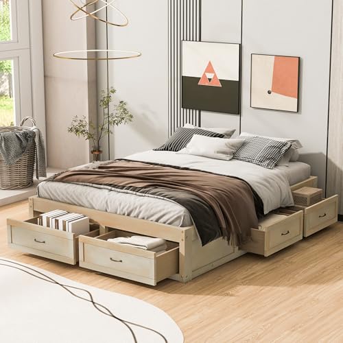 Wood Platform Bed Queen with 6 Large Storage Drawers,Without Headboard Design,Queen Size Platform Bed Frame with Support Slats,Farmhosue Storage Beds for Kids Teens Adults,Space-Saving,Antique Natural - color: Antique Natural, size: Queen