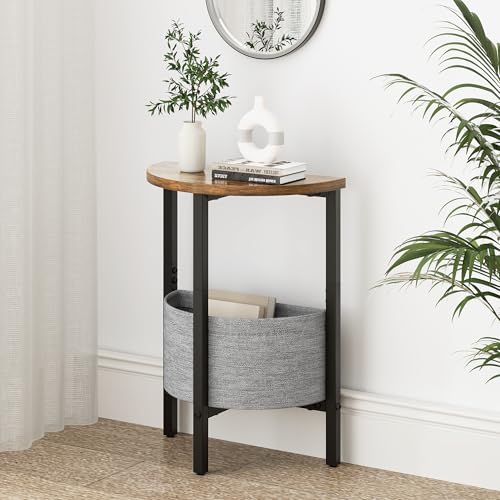 Small Round Side Table, Accent End Table with Storage Basket, Set of 2 Half Round Coffee Table End Table, Half Moon Bedside Table, Modern Nightstand Couch Table for Living Room Bedroom, Brown - color: Rustic Brown